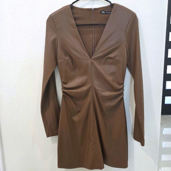 Zara Dresses & Skirts - ZARA faux leather short dress Size XS Brown Fall Dress